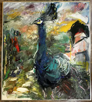 Jeanne Wesselius - Prachtig Schilderij met pauw 90x80cm! kopen? Bied vanaf 299!