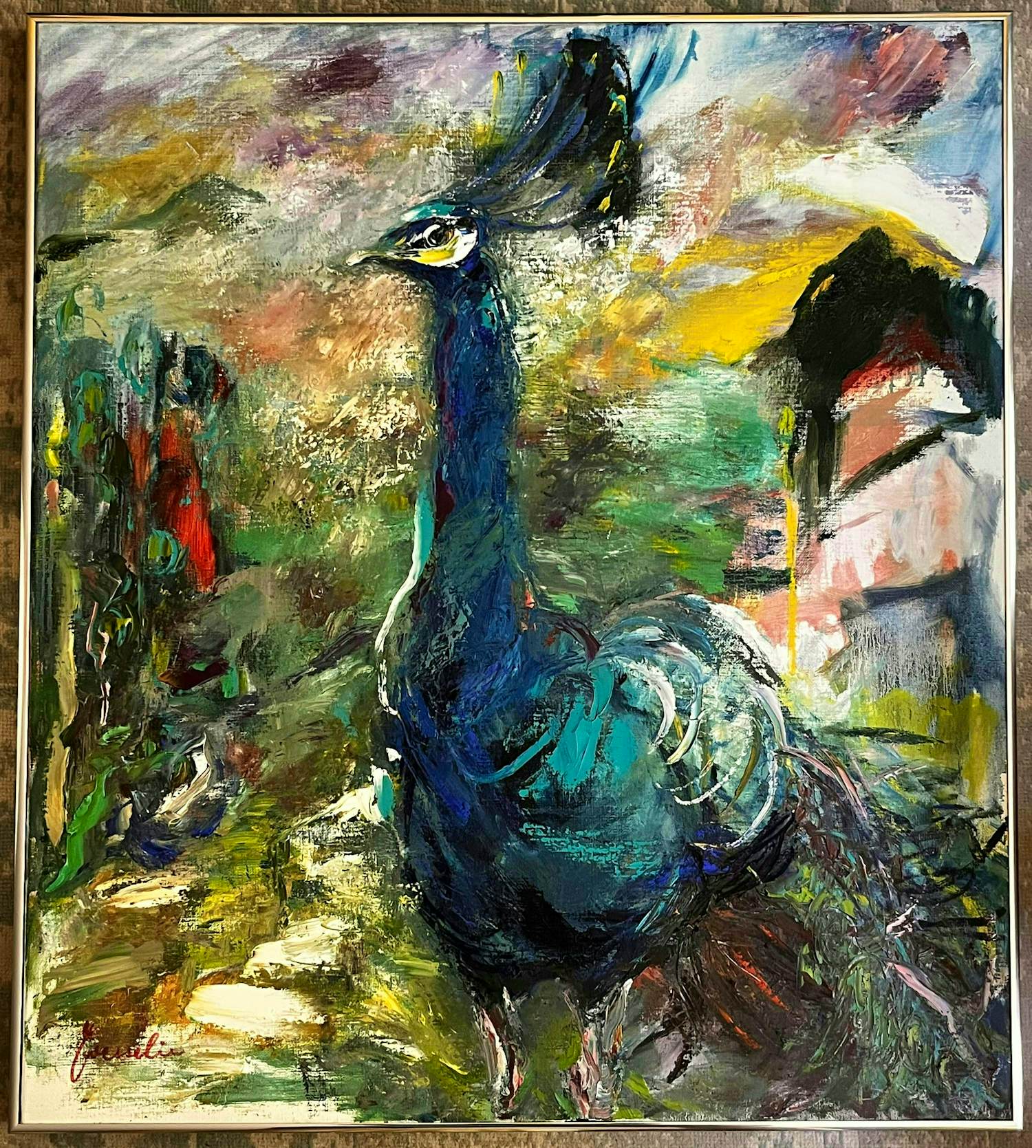 Jeanne Wesselius - Prachtig Schilderij met pauw 90x80cm! verkocht voor € 299!