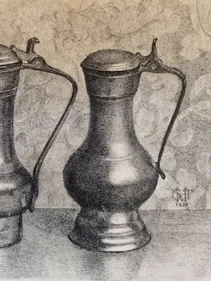 Tjitske G.M. van Hettinga Tromp - Fraai gedetailleerde monochrome Ets "waterkannen" gesigneerd kopen? Bied vanaf 24!