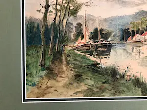 Clement Bezemer - zicht op dorpje aan rivier met afgemeerde boten (in dubbel passe partout) kopen? Bied vanaf 30!