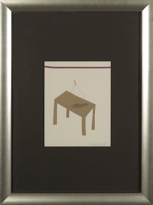 Klaas Gubbels - Gemengde techniek (collage en potlood), Stilleven tafel en peer - Ingelijst kopen? Bied vanaf 1!