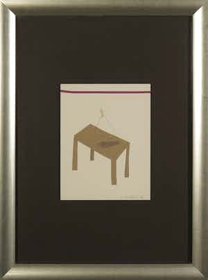 Klaas Gubbels - Gemengde techniek (collage en potlood), Stilleven tafel en peer - Ingelijst verkocht voor € 1!