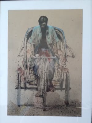 Niet of onleesbaar gesigneerd - origineel, sfeervol beeld van fietsende man, kleurrijk weergegeven kopen? Bied vanaf 1!