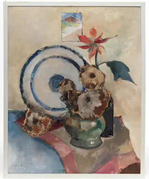 Germ de Jong - Stilleven met bloemen en bord (groot) kopen? Bied vanaf 675!