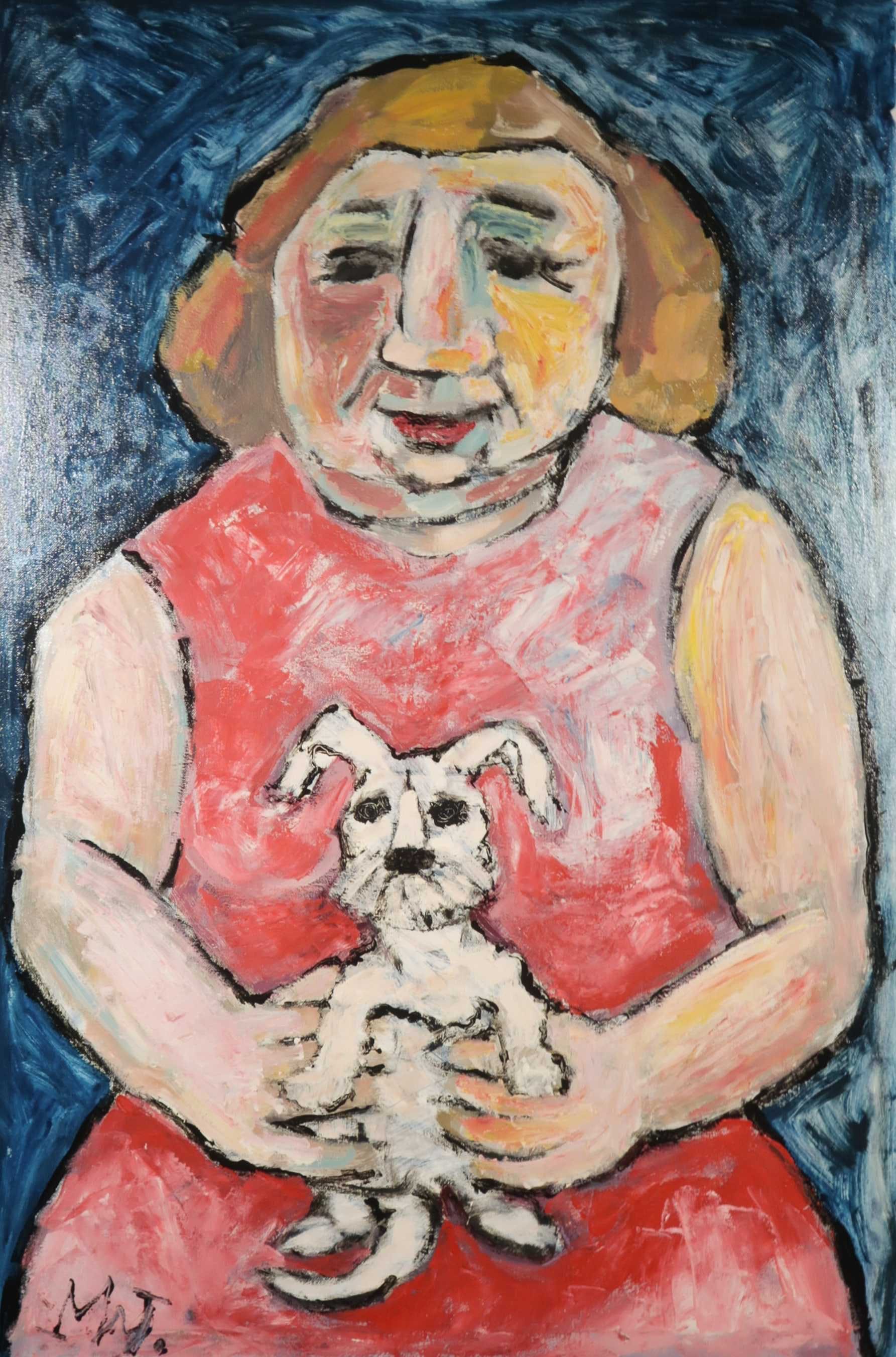 Martin van Wordragen - Gemengde techniek op doek, Tante met Fify - Ingelijst kopen? Bied vanaf 550!