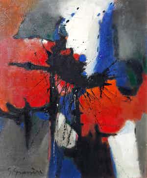 Gerard Grassere - Abstracte compositie, olieverf op board (tweemaal, netjes ingelijst) verkocht voor € 295!