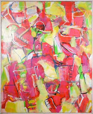 Christine Spierings - Olieverf op doek, Z.t. Rose en geel - Ingelijst (Groot) verkocht voor € 1!