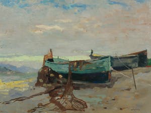 Willem Knip - Olieverf op paneel, Booten op het drogen - Ingelijst kopen? Bied vanaf 500!