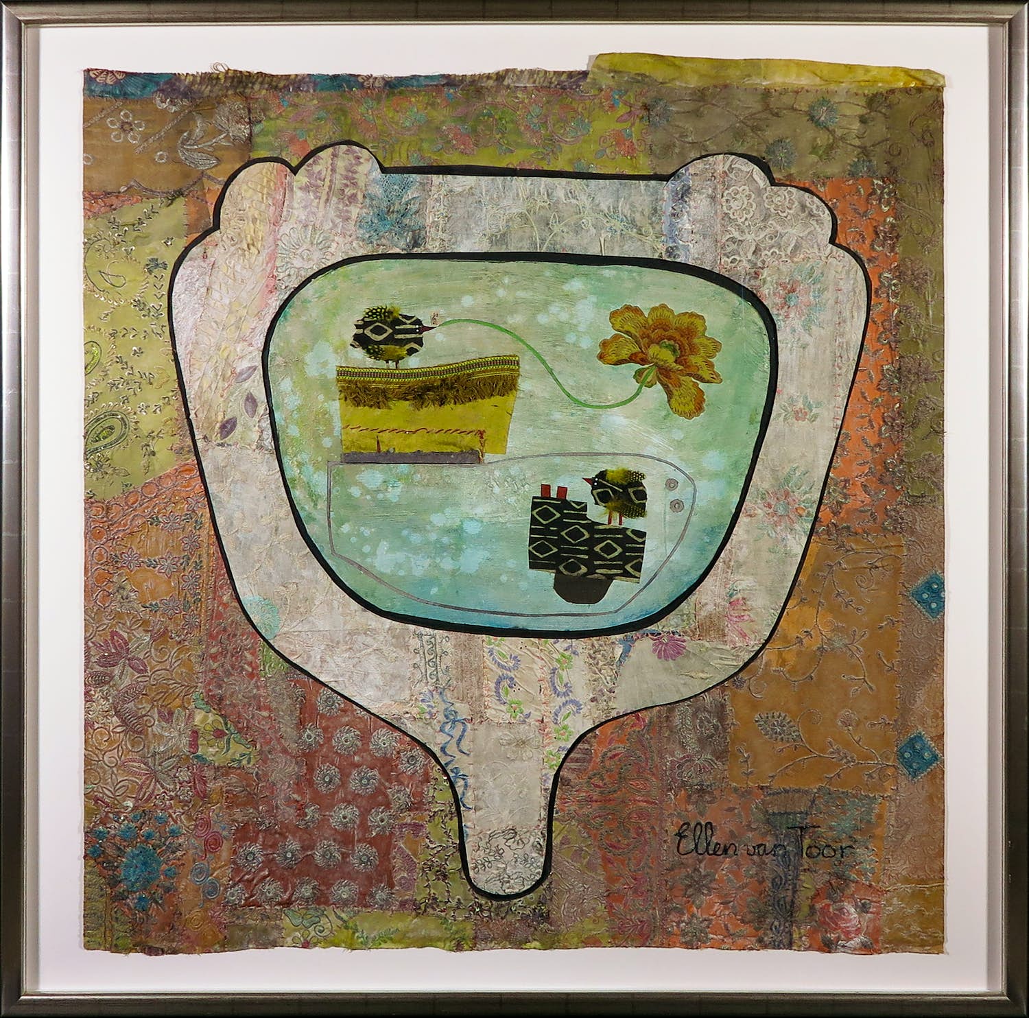 Ellen van Toor - Gemengde techniek/Collage, Geluksspiegel I - Ingelijst (Groot formaat) verkocht voor € 70!