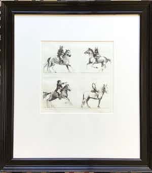 Aat Verhoog - Ets, 4 ruiters en paarden, gesigneerd en ingelijst EA verkocht voor € 75!