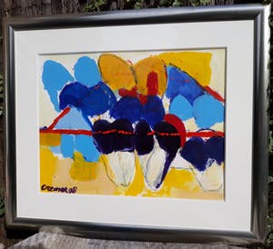 Jan Cremer - Tulpen in rode driehoek, acrylverf op papier (prachtig ingelijst, groot!) kopen? Bied vanaf 2500!