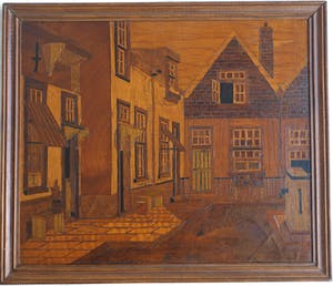 Curiosa - Houtsnijwerk / mozaïek , Stadsgezicht – ingelijst - oud kopen? Bied vanaf 1!