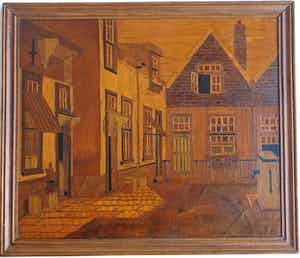 Houtsnijwerk / mozaïek , Stadsgezicht – ingelijst - oud verkocht voor € 1!