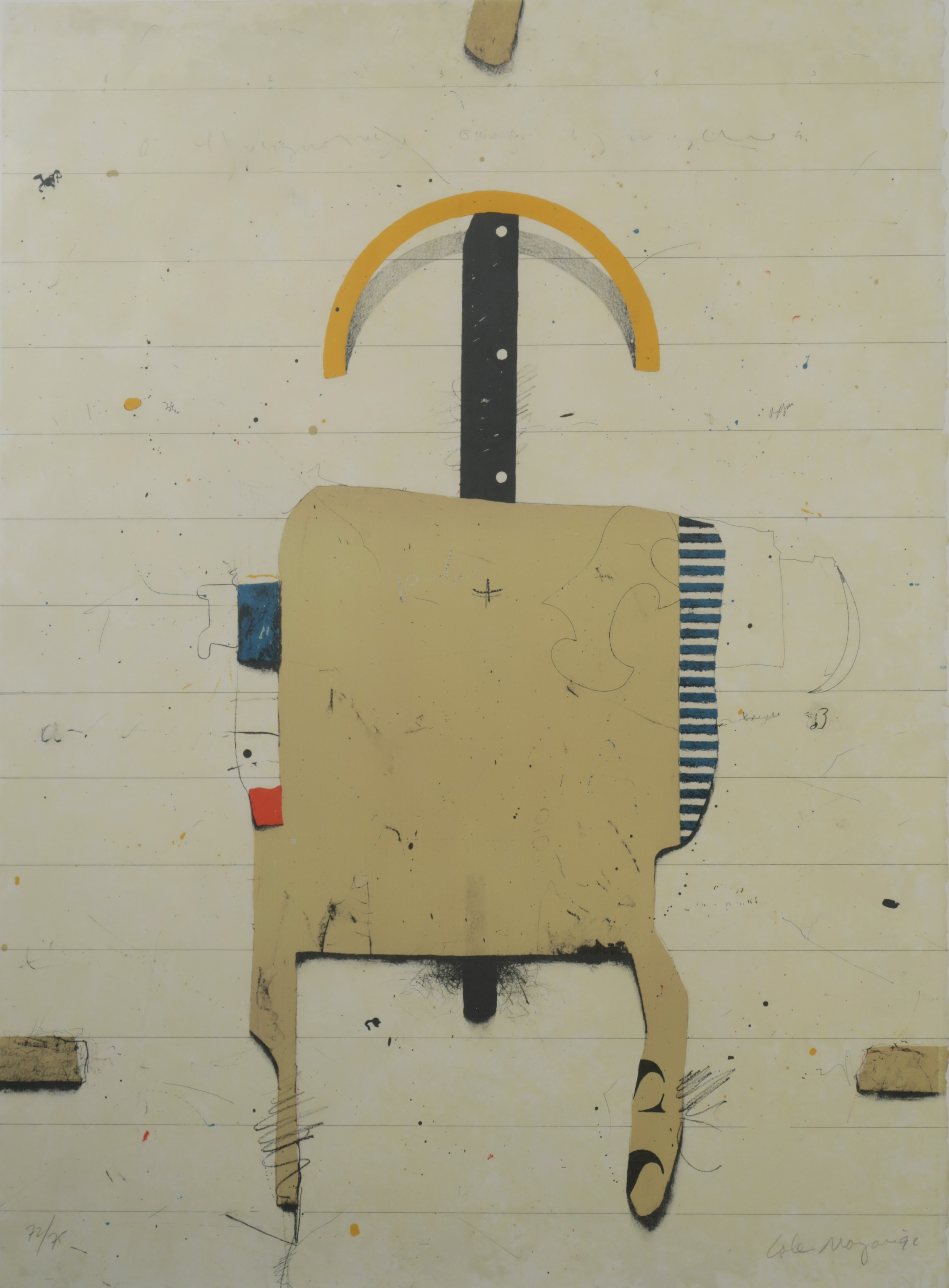 Cole Morgan - Kleurenlitho, Compositie tegen lijnpapier met gele halve cirkel - Ingelijst kopen? Bied vanaf 120!