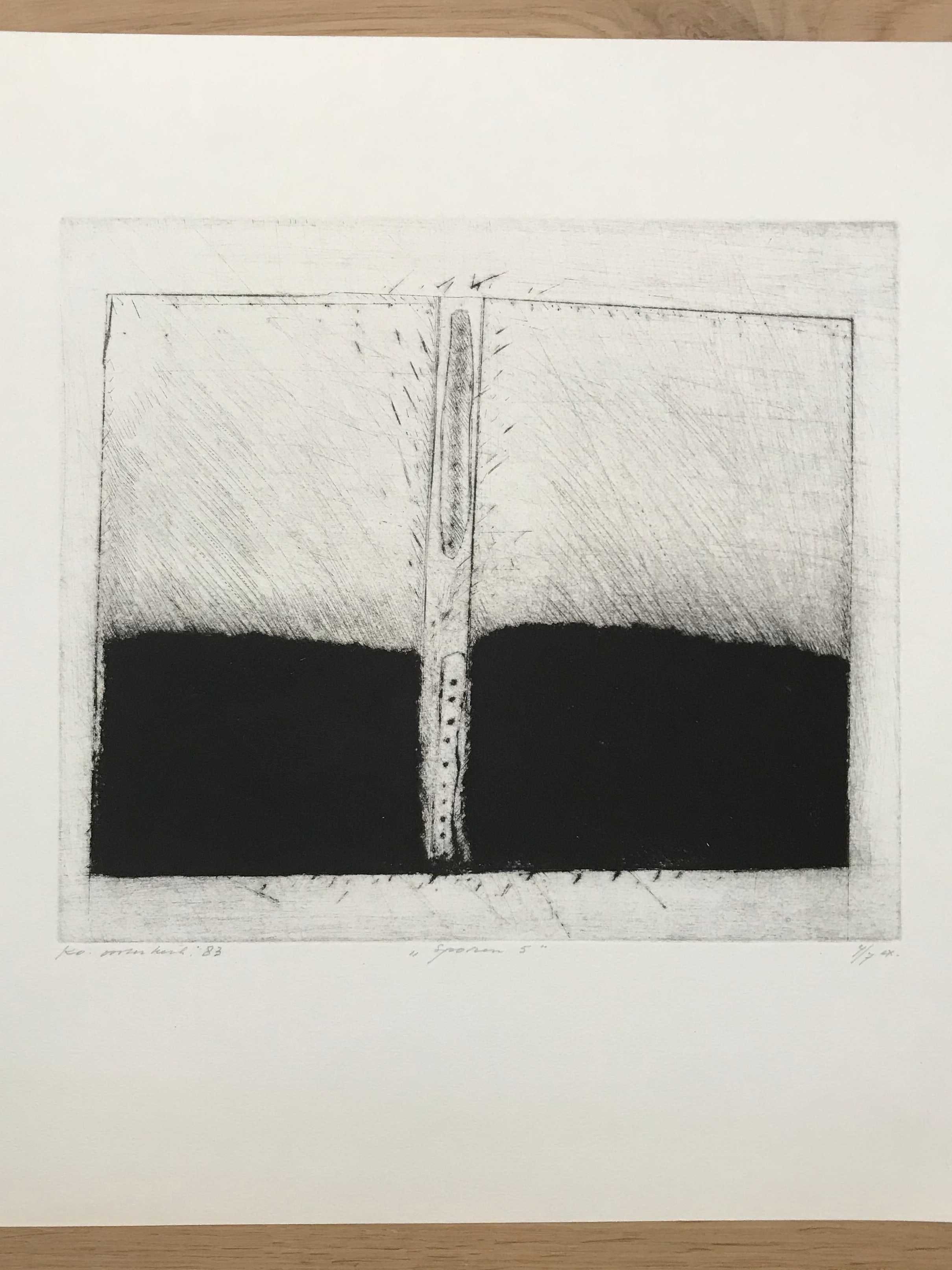 Ko Oosterkerk - droge naald ets, titel: "Sporen 5" verkocht voor € 50!