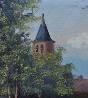 Niet of onleesbaar gesigneerd - Dorpsgezicht met kerktoren - Olieverf op doek kopen? Bied vanaf 10!