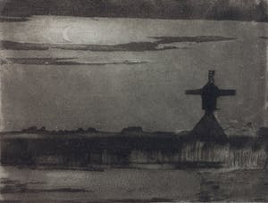 Jan Poortenaar - Polderlandschap in de nacht, aquatint ets kopen? Bied vanaf 35!