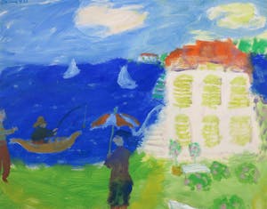 Eugene Brands - Kleurrijke gouache, Het huis aan het meer II - Ingelijst kopen? Bied vanaf 1800!