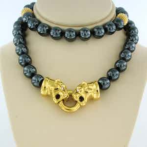 18k gouden slot van panter koppen met diamant aan hematiet kralen collier - 45cm verkocht voor € 800!