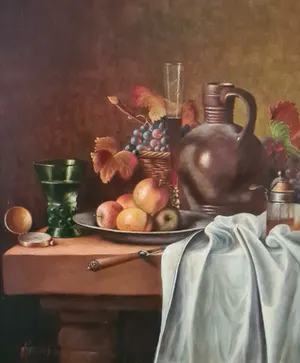 Hans Habraken - Stilleven met aardewerken kruik, druiven en appels kopen? Bied vanaf 450!