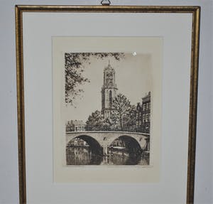 Cornelis Brandenburg - De Dom met de Oudegracht, Utrecht - ingelijste, heldere, schone ets kopen? Bied vanaf 50!