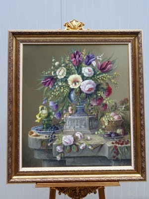 Thomas Heesakkers - Groot pronkstilleven bloemen en fruit op paneel. kopen? Bied vanaf 675!