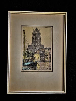 Marius Johannes Janssen - Handgekleurde Ets "Oude haven van Dordrecht" gesigneerd kopen? Bied vanaf 10!