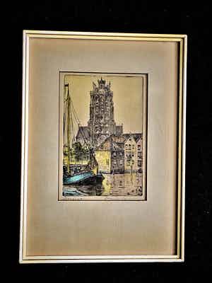 Marius Johannes Janssen - Handgekleurde Ets "Oude haven van Dordrecht" gesigneerd verkocht voor € 10!