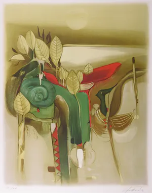 Dieter Framke - Litho, Vogel met planten - Ingelijst kopen? Bied vanaf 35!