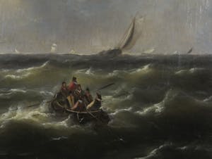 Govert van Emmerik - Olieverf op doek, Schepen op woelige zee bij Dordrecht - Ingelijst kopen? Bied vanaf 500!