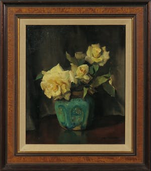 Jan Franken - Olieverf op doek, Stilleven met witte rozen in gemberpot - Ingelijst kopen? Bied vanaf 300!