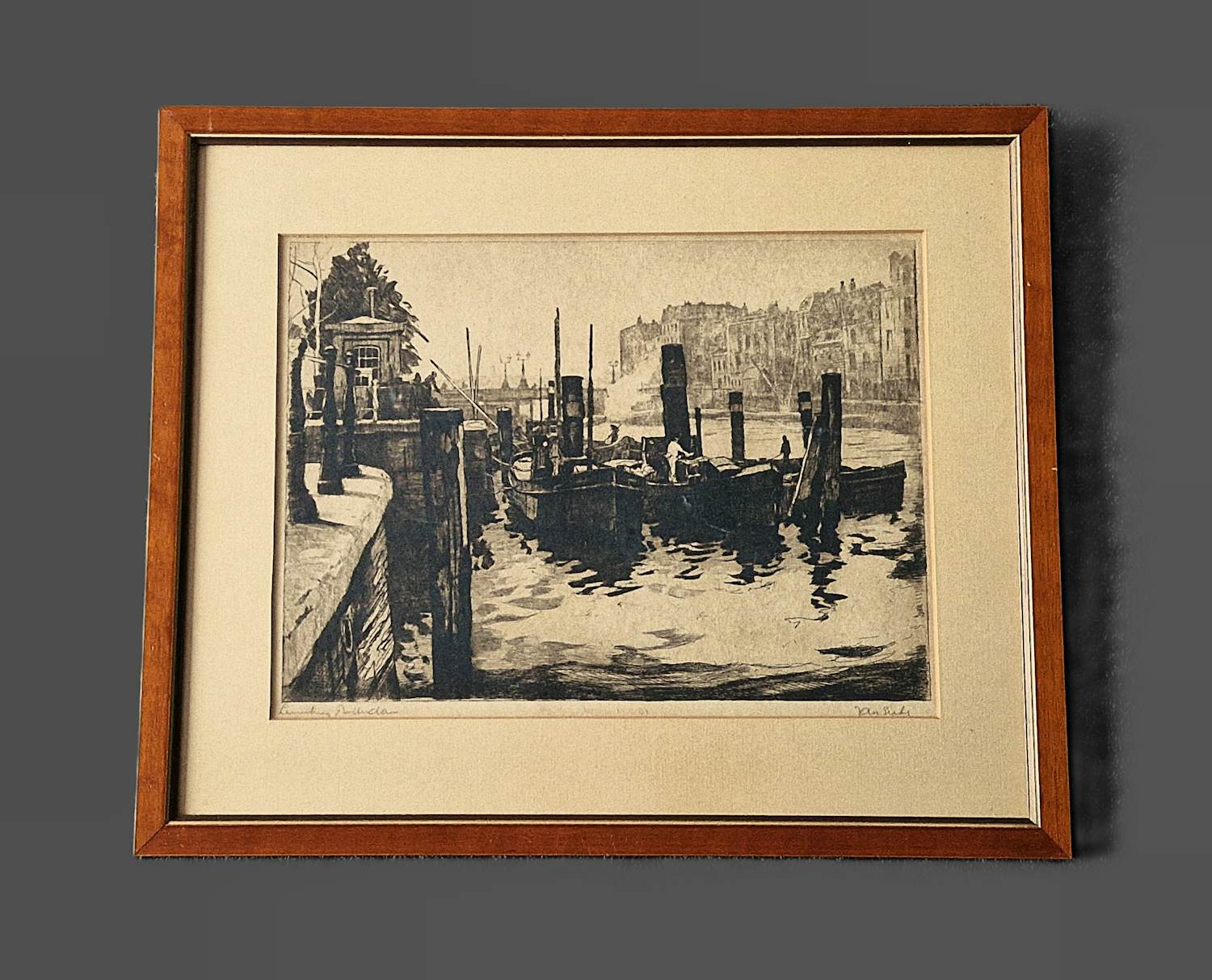 Jan Sirks - jaren 20 Ets "Leuvehavenbrug Rotterdam" potloodgesigneerd - in orig. lijst kopen? Bied vanaf 45!