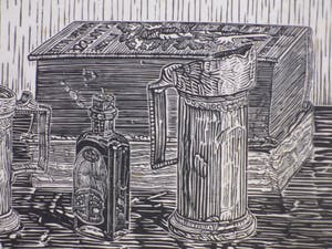 Hendricus Petrus Bremmer - Kroezen en boeken op tafel - Houtsnede kopen? Bied vanaf 1!