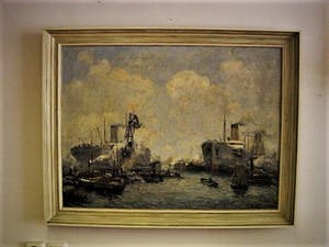 Buy Jan Sirks - GROOT circa 1930 OLIEVERF schilderij "bedrijvigheid in Rotterdam Maashaven"? Bid from 180!