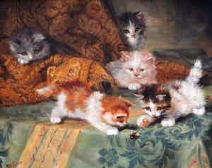 Johannes Wouterus van Trirum - Olieverf op paneel: spelende kittens - 1924 verkocht voor € 450!