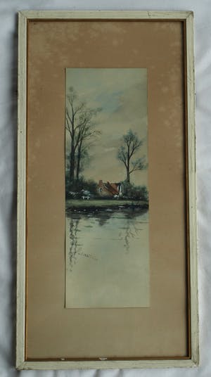 Niet of onleesbaar gesigneerd - Ingelijste gouache, Landschap – gesigneerd (Du Chattel?) - oud - kopen? Bied vanaf 1!