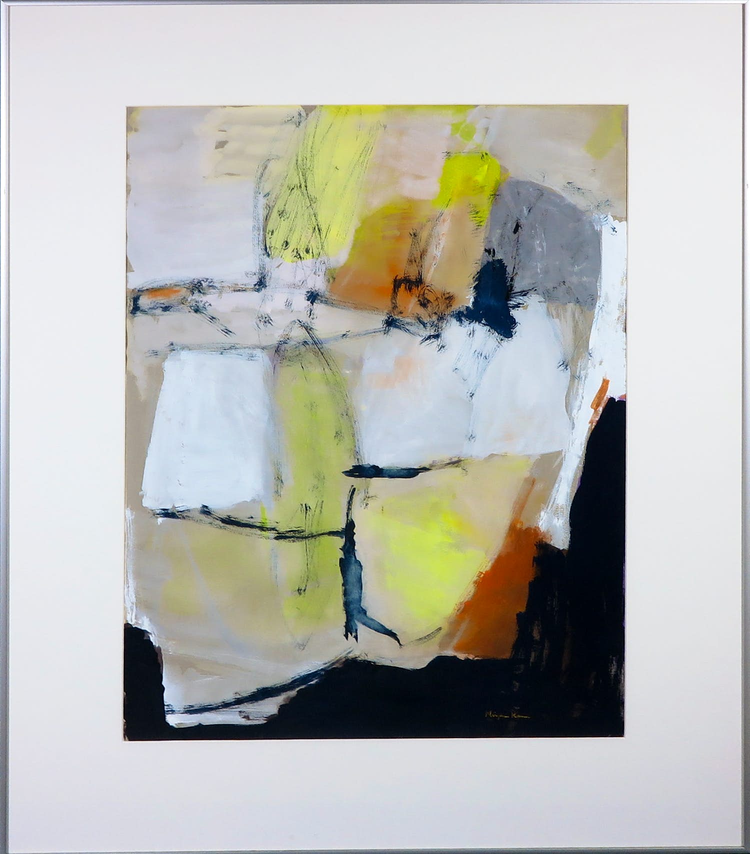 Mirjam Kann - Gouache op papier, Abstracte compositie - Ingelijst verkocht voor € 50!