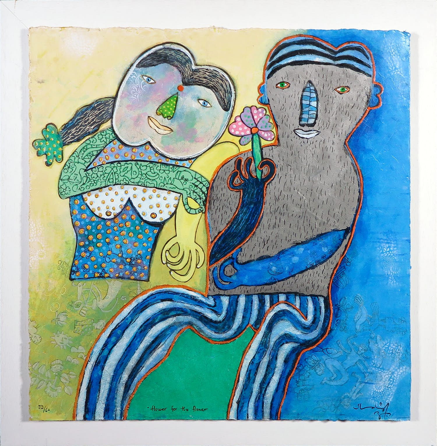 Shahid Parvez - Zeefdruk, Flower for the flower - Ingelijst verkocht voor € 50!