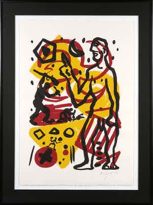 A.R. Penck - Zeefdruk opgedragen aan Mikis Theodorakis - Ingelijst verkocht voor € 1!