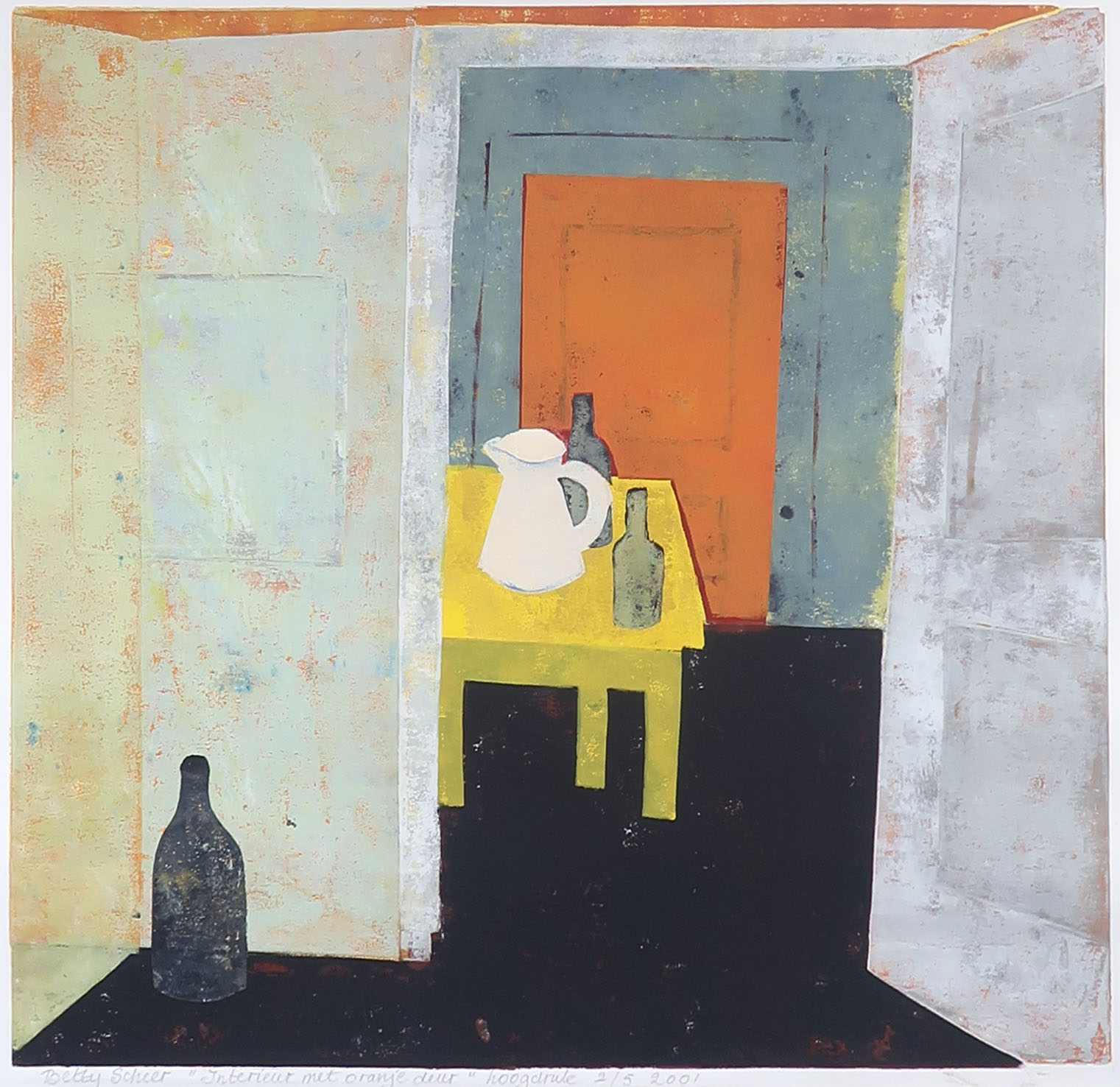 Betty Scheer - Linosnede, Interieur met oranje deur - Ingelijst kopen? Bied vanaf 50!