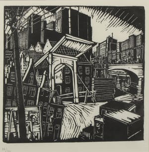 Dick Ket - Linoleumsnede, Oude en nieuwe stad - Ingelijst kopen? Bied vanaf 35!