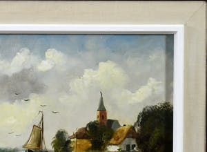 Niet of onleesbaar gesigneerd - "Zicht op dorp aan vaart met boerderijen, kerk en zeilschip" - olieverf opdoek kopen? Bied vanaf 10!