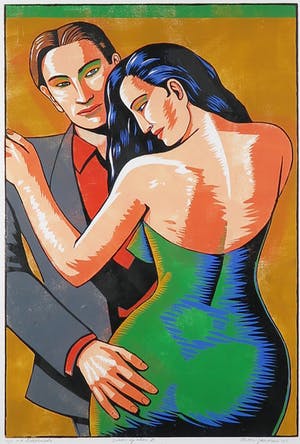 Leon Janssen - Houtsnede, Paar op oker links - Ingelijst kopen? Bied vanaf 80!