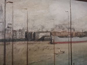 Niet of onleesbaar gesigneerd - Zicht op de jachthaven van Antwerpen met historisch stadscentrum op achtergrond kopen? Bied vanaf 1!