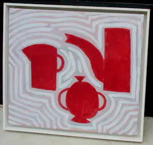 Klaas Gubbels - Ingelijste gemengde techniek op doek: Verschoven lijnen rood - 2004 kopen? Bied vanaf 2399!