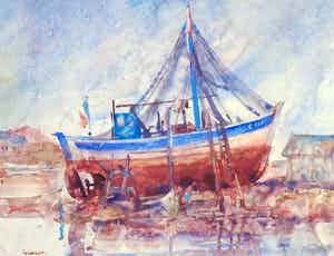 Poppe Damave - Aquarel, Schip in de haven verkocht voor € 60!