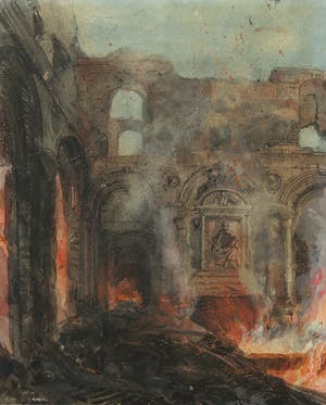 Pierre Tetar van Elven - Aquarel, Brandende kerk kopen? Bied vanaf 1!