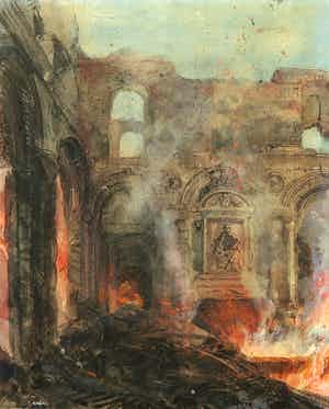 Pierre Tetar van Elven - Aquarel, Brandende kerk verkocht voor € 1!