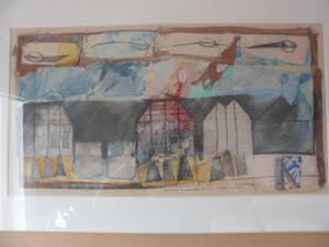 Susan Schildkamp - Gemengde techniek en collage op papier, Titel, "Het koekhuis lll kopen? Bied vanaf 50!