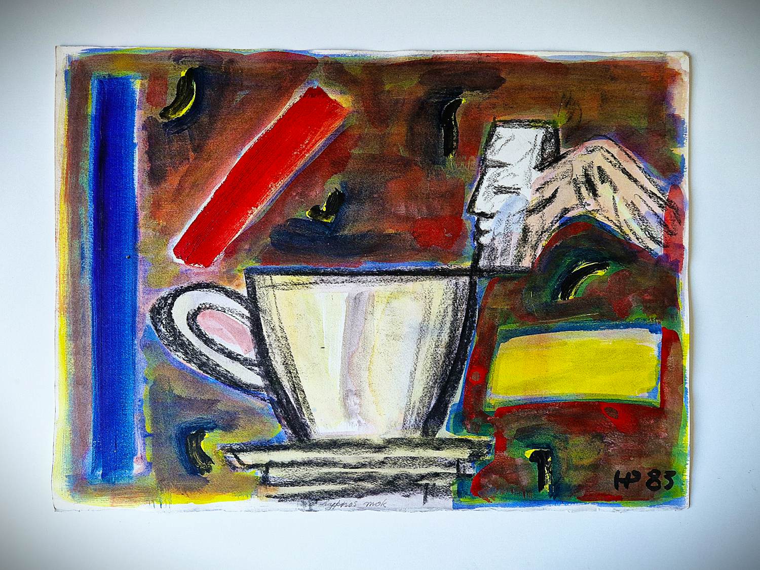 Hannes Postma - Grote - 1985- gemengde techniek op papier "Hypno's mok" gesigneerd kopen? Bied vanaf 65!